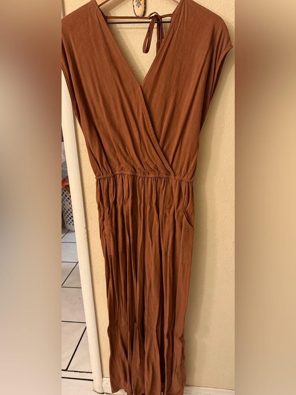 Rust Brown Linen Women's Wrap-Style Maxi Dress